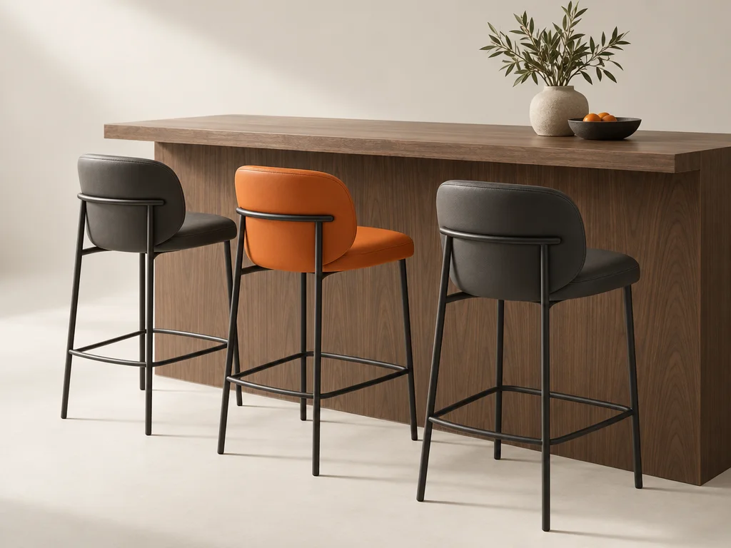 Upholstered bar stools at a walnut counter