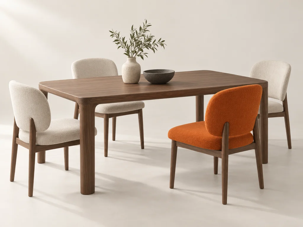 Upholstered dining chairs around a walnut table