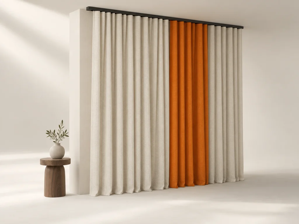 Pleated linen drapery on a ceiling track