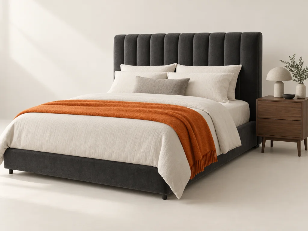 Channel-tufted headboard in charcoal velvet