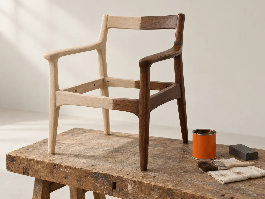 Armchair frame half refinished in walnut stain