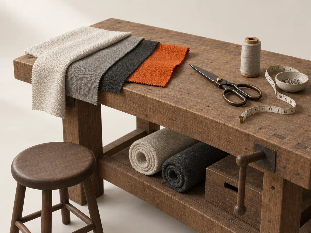 Upholstery workbench with fabric swatches and shears